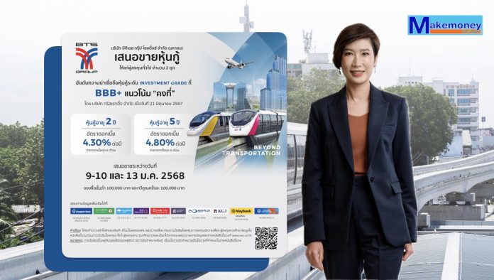หุ้นกู้ “บีทีเอส กรุ๊ปฯ” พร้อมเสนอขายวันที่ 9-10 และ 13 มกราคม 2568 อายุ 2 ปี ดอกเบี้ย 4.30% ต่อปี และอายุ 5 ปี ดอกเบี้ย 4.80% ต่อปี เหมาะสำหรับผู้ลงทุนที่มองหาผลตอบแทนสม่ำเสมอ