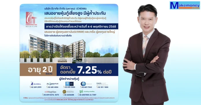 CHEWA ออกหุ้นกู้ชุดใหม่มีผู้ค้ำประกัน ชูอัตราดอกเบี้ยคงที่ 7.25% อายุ 2 ปี คาดว่าจะเปิดให้จองซื้อในวันที่ 4-6 พฤศจิกายน 2568
