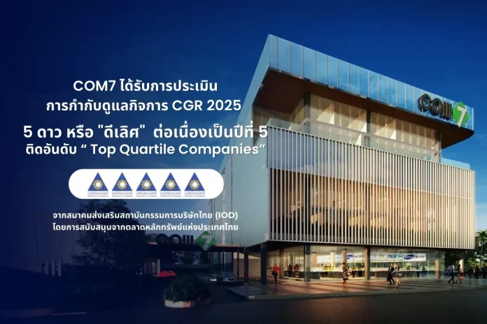 COM7 คว้าคะแนน “ดีเลิศ (Excellent)” ระดับ 5 ดาว ต่อเนื่องเป็นปีที่ 5 พร้อมติดกลุ่ม Top Quartile ตอกย้ำธรรมาภิบาลแกร่ง - การเติบโตอย่างยั่งยืน