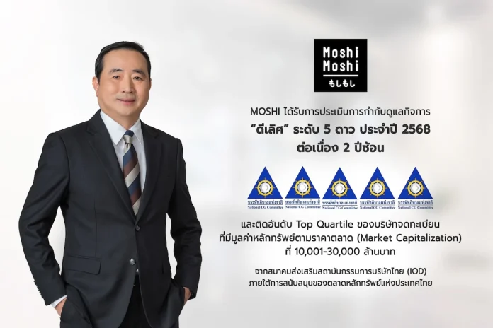 MOSHI คว้าคะแนน CGR ในเกณฑ์ “ดีเลิศ” ระดับ 5 ดาว ต่อเนื่อง 2 ปีซ้อน สะท้อนการพัฒนาและยกระดับการกำกับดูแลกิจการที่ดีอย่างต่อเนื่อง