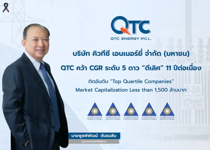 QTC คว้า CGR ระดับ 5 ดาว “ดีเลิศ” 11 ปีต่อเนื่อง ติดอันดับ “Top Quartile Companies” กลุ่ม Market Cap ไม่เกิน 1,500 ล้านบาท
