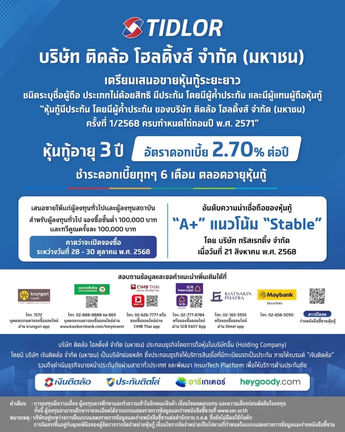 TIDLOR เคาะดอกเบี้ยหุ้นกู้อายุ 3 ปี ที่ 2.70% ชูเรทติ้ง "A+" คาดเปิดจองซื้อระหว่างวันที่ 28-30 ต.ค. นี้