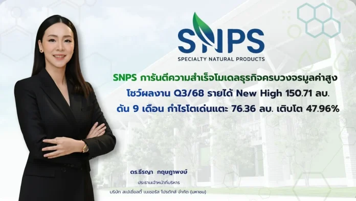 SNPS การันตีความสำเร็จโมเดลธุรกิจครบวงจรมูลค่าสูง โชว์ผลงานQ3/68 รายได้ New High 150.71 ลบ. ดัน 9 เดือน กำไรโตเด่นแตะ 76.36 ล้านบาท เติบโต 47.96%