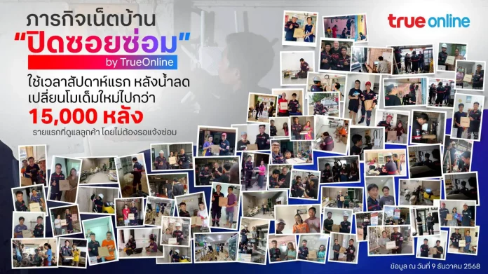 ทรูออนไลน์เร่งฟื้นฟูโครงข่ายหาดใหญ่ต่อเนื่อง หลังน้ำลดสัปดาห์แรก ดูแลลูกค้าเปลี่ยนโมเด็มใหม่ไปกว่า 15,000 หลัง รายแรกที่ลงพื้นที่รุกภารกิจ “ปิดซอยซ่อม” ทันทีโดยไม่ต้องรอให้ลูกค้าแจ้ง