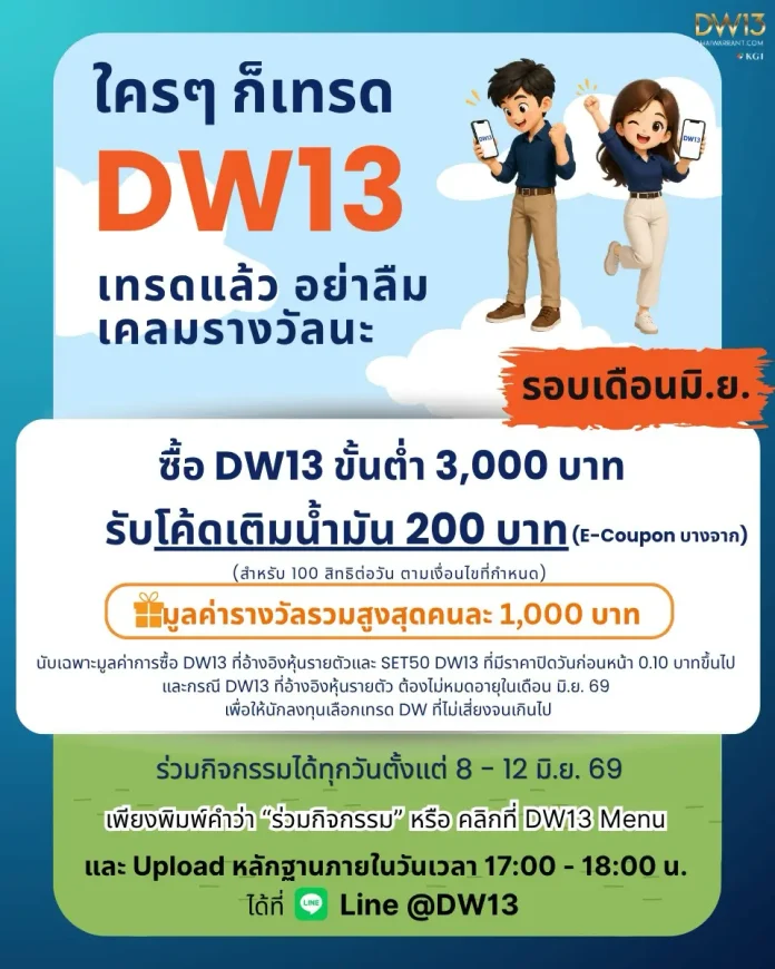 KGI DW13 แจกโค้ดเติมน้ำมัน 200 บาท ชวนเทรดรับสิทธิ์ 8-12 มิ.ย. นี้