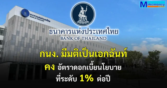 คณะกรรมการฯ มีมติเป็นเอกฉันท์ให้คงอัตราดอกเบี้ยนโยบายไว้ที่ร้อยละ 1.00 ต่อปี การแถลงผลการประชุม กนง. มีมติเอกฉันท์คงอัตราดอกเบี้ยนโยบายที่ 1.00% ประจำวันที่ 26 สิงหาคม 2569