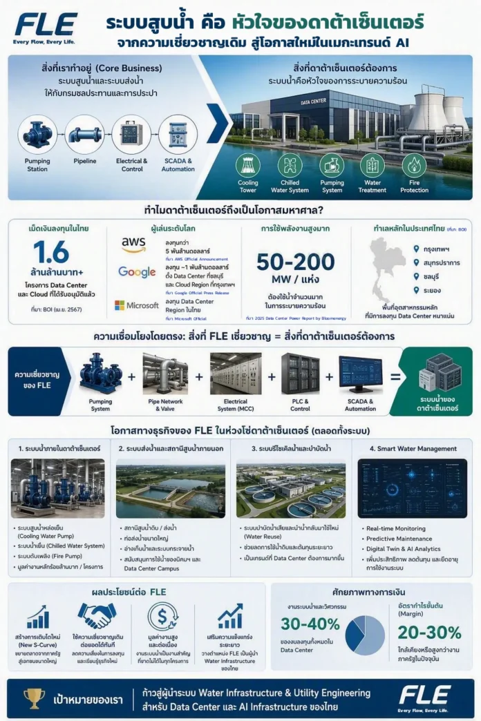 FLE คว้าโอกาสเมกะเทรนด์ AI ปักธง New S-Curve รุกตลาด Data Center ชูความเชี่ยวชาญระบบสูบ-ส่งน้ำ ก้าวสู่ผู้นำ Water Infrastructure & Utility Engineering ของไทย ดันอัตรากำไรขั้นต้นแตะ 20-30%
