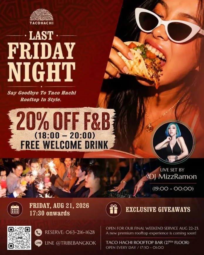 ไซมิส แอสเสท ชวนร่วมปาร์ตี้ “Last Friday Night” ส่งท้าย Taco Hachi Rooftop Bar ก่อนปรับโฉมใหม่ ไซมิส แอสเสท (SA) จัดงาน Last Friday Night ส่งท้าย Taco Hachi Rooftop Bar บนโรงแรม TRIBE Bangkok ก่อนปิดปรับโฉมใหม่สู่ Premium Rooftop