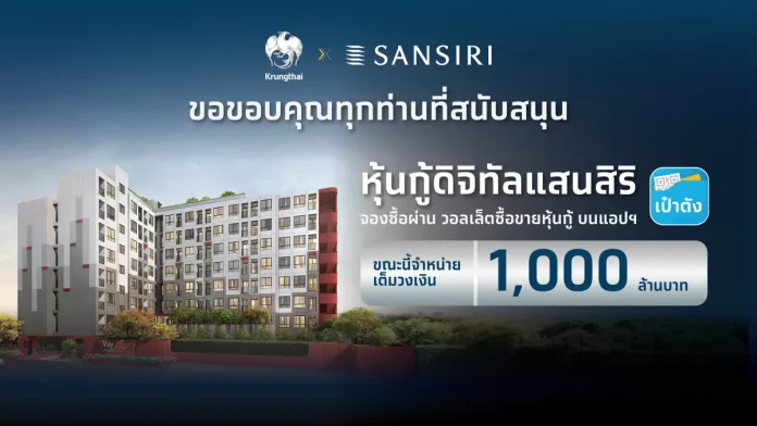 “หุ้นกู้ดิจิทัลแสนสิริ” บนแอปฯ เป๋าตัง จองซื้อเต็มจำนวน 1,000 ล้านบาท ในเวลา 67 วินาที ตอกย้ำความเชื่อมั่นผู้นำอสังหาฯและการขยายโอกาสการลงทุนให้ทั่วถึง หุ้นกู้ดิจิทัลแสนสิริบนแอปพลิเคชันเป๋าตัง ธนาคารกรุงไทย ประสบความสำเร็จจำหน่ายหมด 1,000 ล้านบาท ในเวลาเพียง 67 วินาที