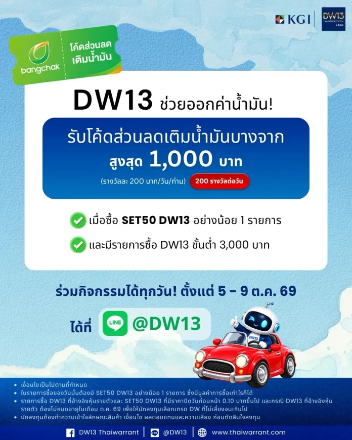 พิเศษ! KGI DW13 ช่วยออกค่าน้ำมัน สำหรับนักลงทุนที่ซื้อ DW13 มาเคลมส่วนลดเติมน้ำมันสูงสุด 1,000 บาท บริษัทหลักทรัพย์ เคจีไอ (ประเทศไทย) จำกัด (มหาชน) จัดกิจกรรมพิเศษ KGI DW13 แจกส่วนลดเติมน้ำมันสูงสุด 1,000 บาท ประจำเดือนตุลาคม 2569