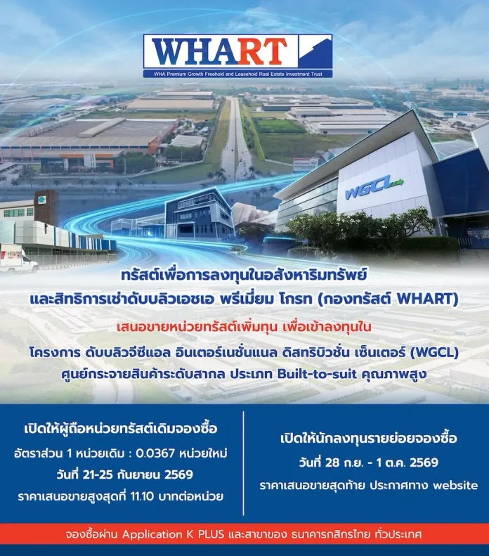 WHART เปิดจองหน่วยทรัสต์เพิ่มทุน ลุยลงทุน WGCL IDC พร้อมผู้เช่าระยะยาว 30 ปี กองทรัสต์ WHART เปิดจองซื้อหน่วยทรัสต์เพิ่มทุนลงทุนโครงการ WGCL International Distribution Center (WGCL IDC) ในพื้นที่ EEC