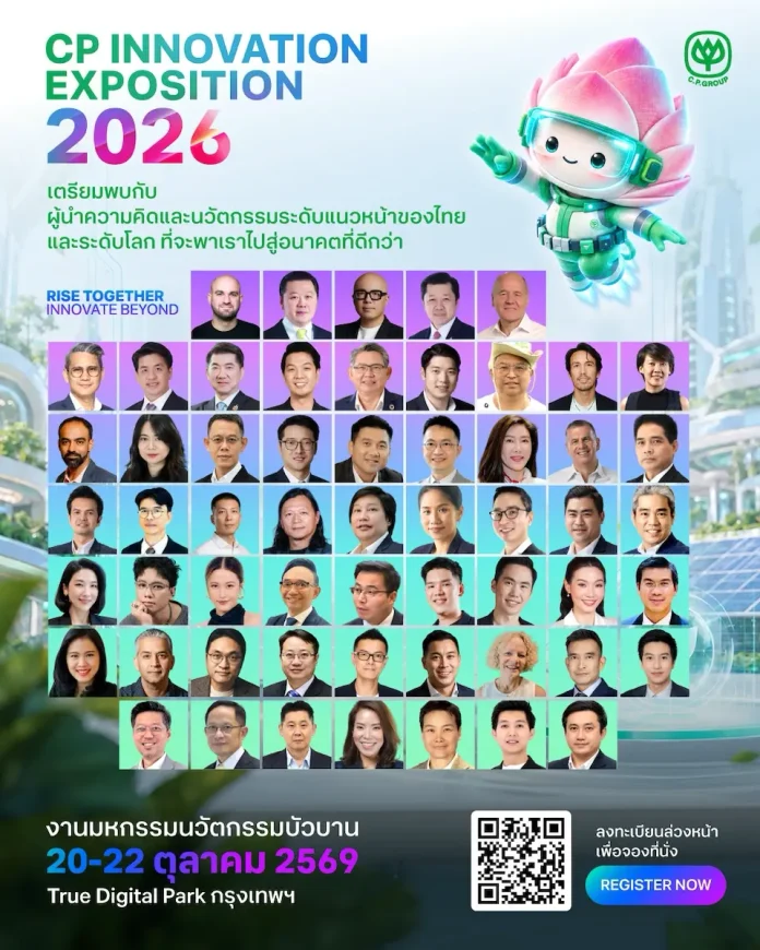 เครือซีพี เปิดไลน์อัปสปีกเกอร์กว่า 60 คน! จากผู้นำเทคโนโลยีระดับโลกถึงผู้ประกอบการเจ้าของแบรนด์ดัง ในงาน “CP Innovation Exposition 2026” เปิดโลก AI หุ่นยนต์ ดาวเทียมและอาหารแห่งอนาคต พร้อมเจาะแนวคิดนวัตกรรมสร้างธุรกิจ สนุกกับ Future Fest 20 – 22 ต.ค.นี้ ลงทะเบียนร่วมฟรี ที่นั่งจำกัด เครือเจริญโภคภัณฑ์จัดงาน “CP Innovation Exposition 2026” มหกรรมนวัตกรรมระดับชาติ รวมสปีกเกอร์กว่า 60 คน ณ ทรู ดิจิทัล พาร์ค