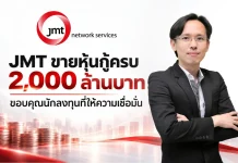 JMT ปิดขายหุ้นกู้ 2,000 ล้านบาทเต็มจำนวน! JMT หรือ บริษัท เจ เอ็ม ที เน็ทเวอร์ค เซอร์วิสเซ็ส จำกัด (มหาชน) ประสบความสำเร็จเสนอขายหุ้นกู้มูลค่า 2,000 ล้านบาทเต็มจำนวน ชูอัตราดอกเบี้ย 5.10% ต่อปี รองรับการขยายพอร์ตหนี้