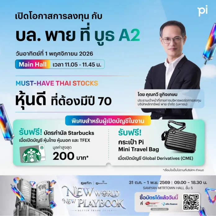 บล.พาย จับมือ efin Group ชวนนักลงทุนร่วมงาน Better Trade 2026 บริษัทหลักทรัพย์ พาย จำกัด (มหาชน) บล.พาย ร่วมกับ efin Group ออกบูธงาน Better Trade 2026 ณ สามย่านมิตรทาวน์ พร้อมโปรโมชันพิเศษสำหรับนักลงทุน