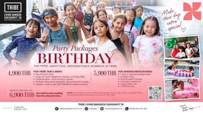 ไซมิส แอสเสท ชวนฉลองวันเกิดคุณหนู ที่ TRIBE Living Bangkok Sukhumvit 39 แพ็กเกจเริ่มต้น 4,900 บาท พร้อมเซ็ตลูกโป่งฟรี แพ็กเกจปาร์ตี้วันเกิดเด็กที่โรงแรม TRIBE Living Bangkok Sukhumvit 39 โดย บมจ.ไซมิส แอสเสท (SA)