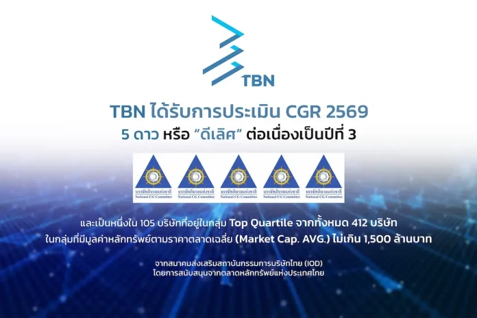 TBN คว้า CGR ระดับ 5 ดาว “ดีเลิศ” ต่อเนื่องปีที่ 3 พร้อมติดกลุ่ม Top Quartile ตอกย้ำมาตรฐานธรรมาภิบาลแกร่ง TBN หรือ บริษัท ทีบีเอ็น คอร์ปอเรชั่น จำกัด (มหาชน) คว้าผลประเมินการกำกับดูแลกิจการ CGR ระดับ 5 ดาว “ดีเลิศ” ต่อเนื่องเป็นปีที่ 3 ประจำปี 2569 พร้อมติดกลุ่ม Top Quartile