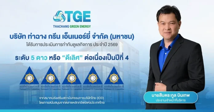TGE ครอง CGR 5 ดาว “ดีเลิศ” 4 ปีซ้อน ตอกย้ำธรรมาภิบาล โปร่งใส ตรวจสอบได้ บริษัท ท่าฉาง กรีน เอ็นเนอร์ยี่ จำกัด (มหาชน) TGE คว้าผลประเมินการกำกับดูแลกิจการ CGR ระดับ 5 ดาว ดีเลิศ ประจำปี 2026 ต่อเนื่องเป็นปีที่ 4