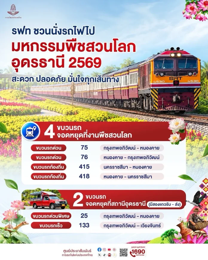 การรถไฟฯ เตรียมพร้อมรองรับนักท่องเที่ยวร่วมงานมหกรรมพืชสวนโลก อุดรธานี 2569 อำนวยความสะดวกที่หยุดรถและชานชาลารองรับเดินทางเชื่อมตรงพื้นที่จัดงาน การรถไฟแห่งประเทศไทยเตรียมเปิดที่หยุดรถชั่วคราวพืชสวนโลกอุดรธานี 2026 อำนวยความสะดวกนักท่องเที่ยว